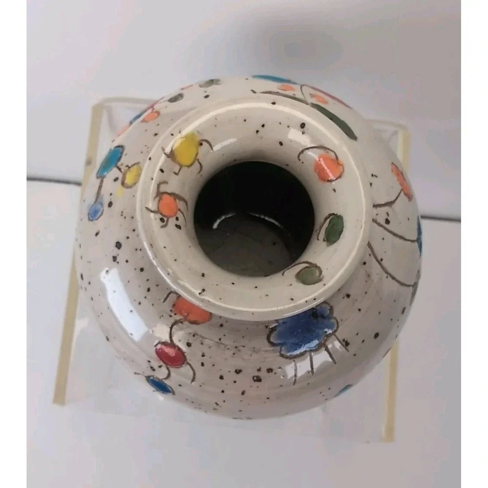 Glazed Handmade Pot/Vase Colorful Design Signed & Dated Contemporary, Cute Bugs?